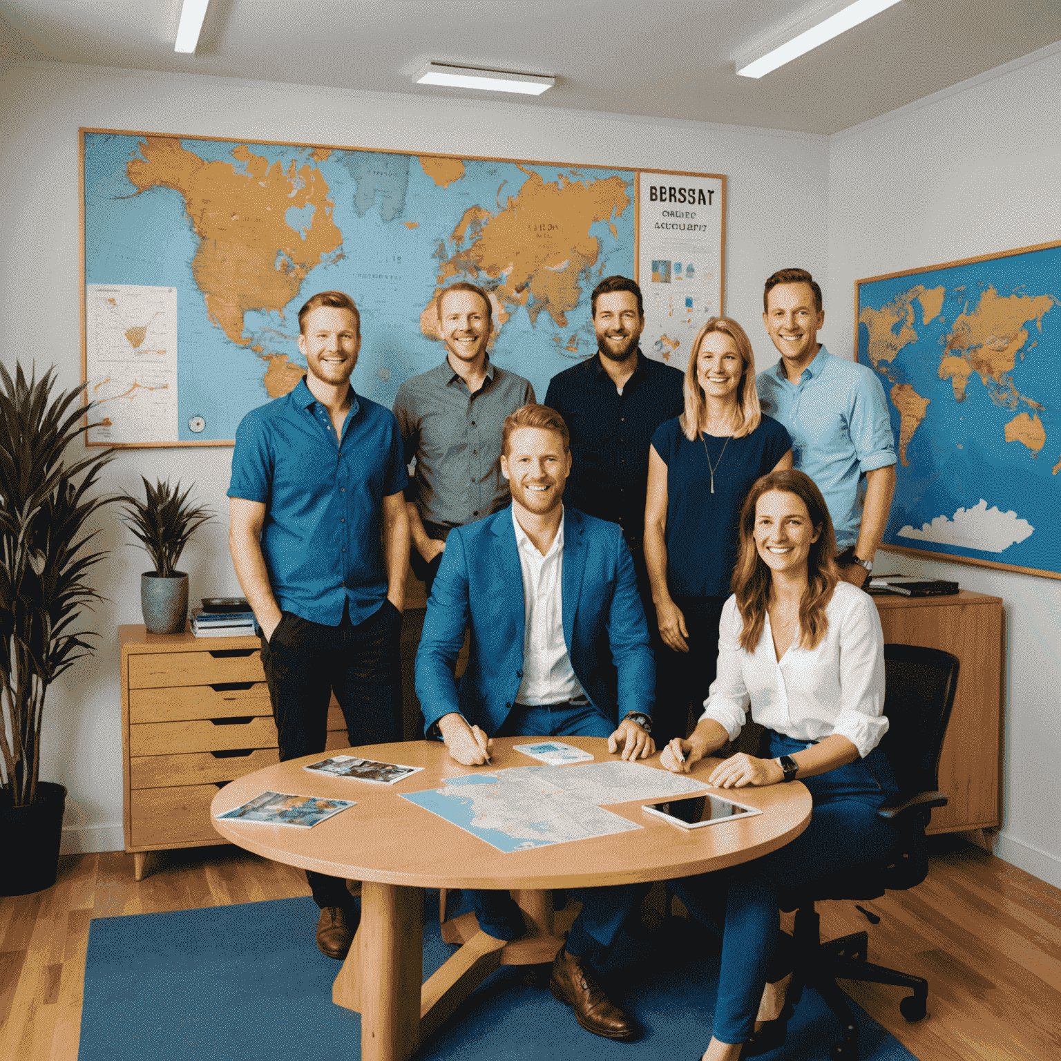 The Plinko Travel team in their office in Australia, a diverse group of travel experts collaborating in a modern, open-plan workspace with travel memorabilia and maps on the walls