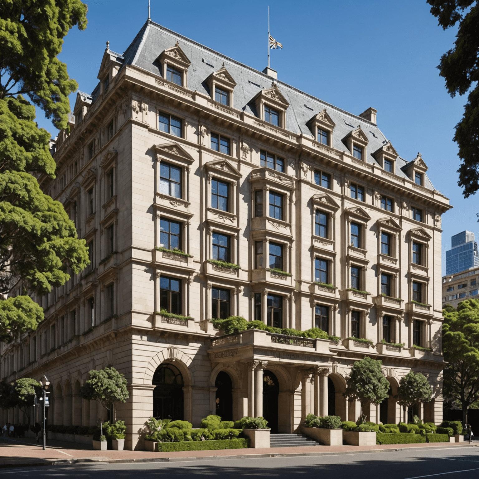 The Langham Sydney exterior view, showcasing its grand facade with classic architecture and lush surrounding gardens