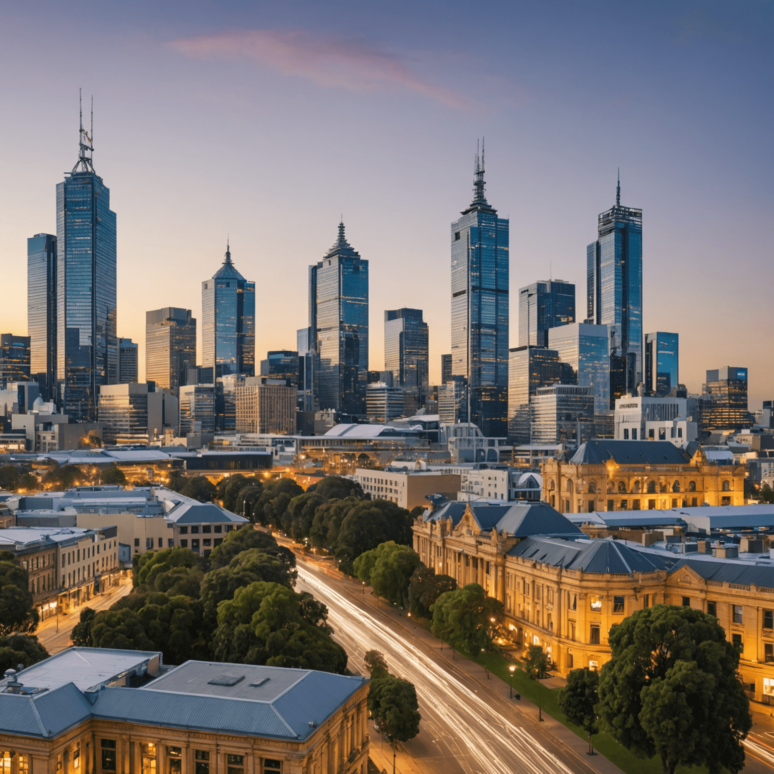 A panoramic view of Melbourne skyline with various budget-friendly hotels highlighted