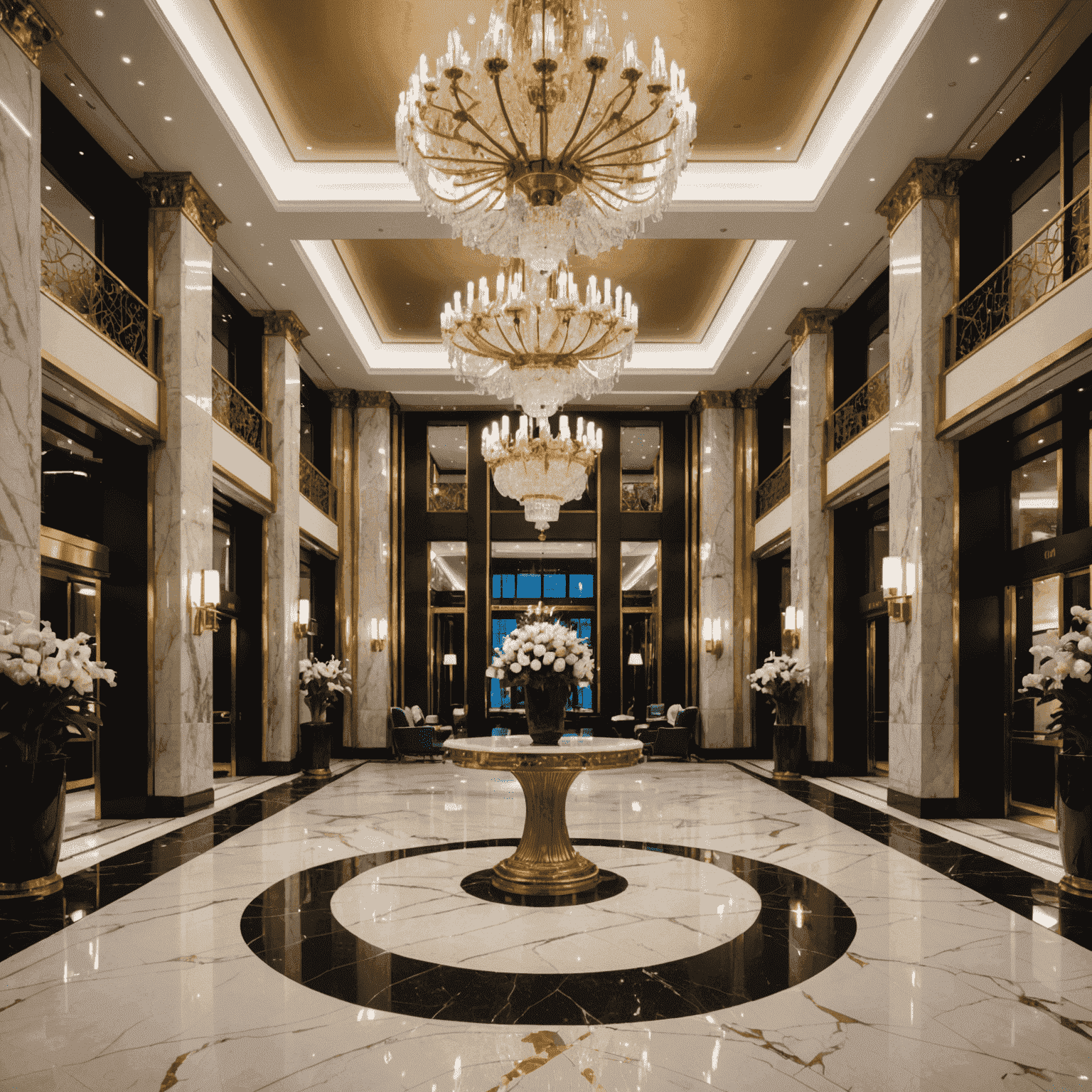 Crown Towers Sydney's opulent lobby featuring crystal chandeliers and marble floors