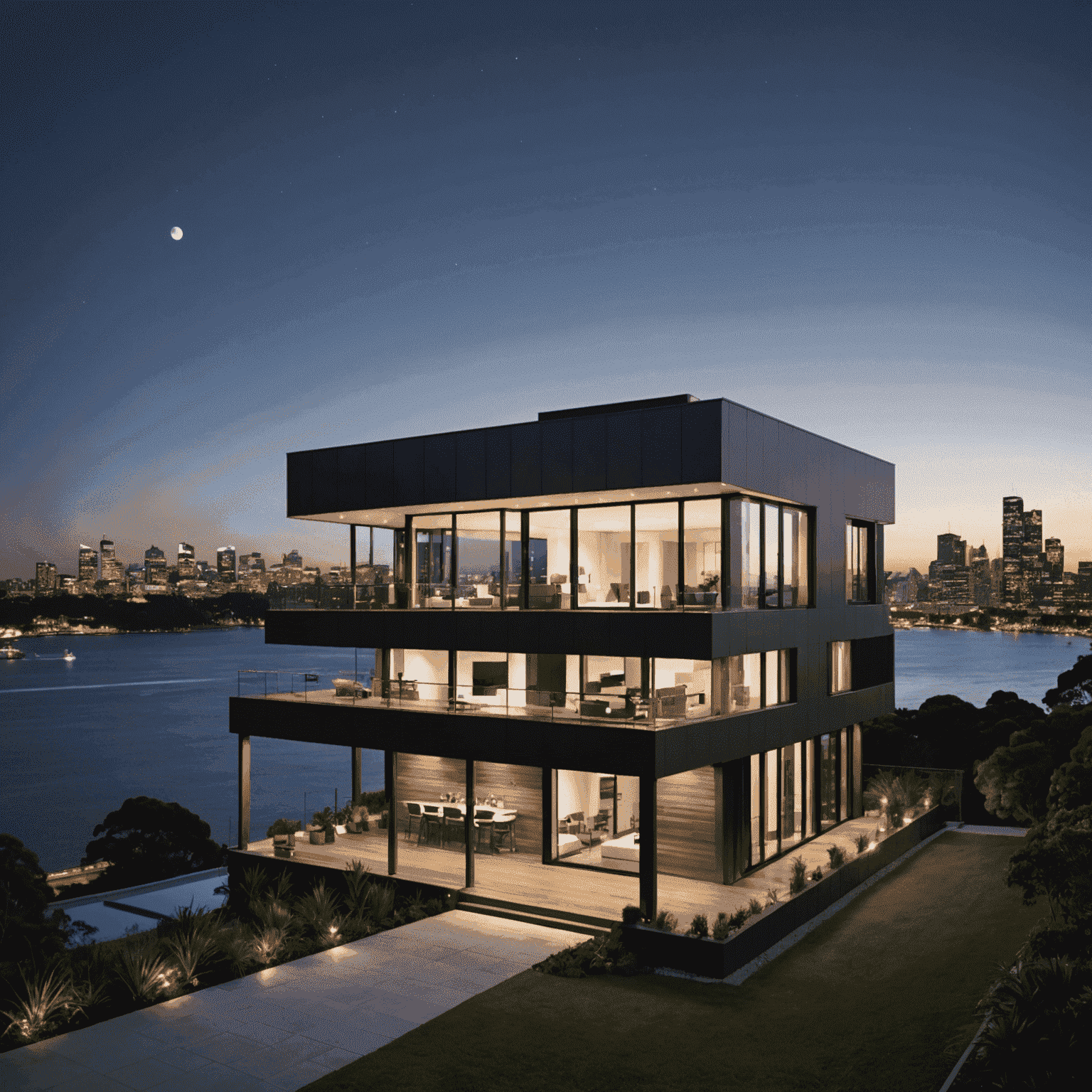 The Darling's sleek and modern exterior at night, illuminated against the Sydney skyline